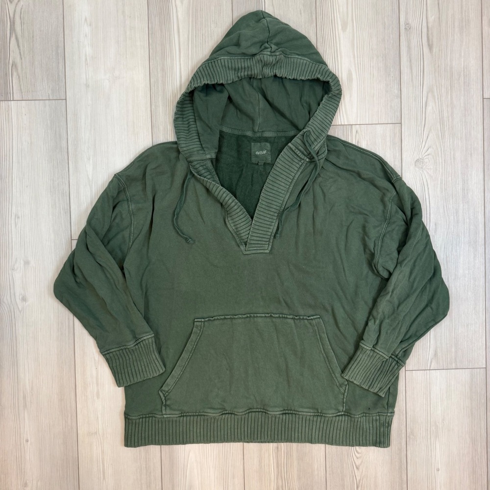 Aerie Women XL Green V-Neck Oversized Hoodie French Terry Sweatshirt